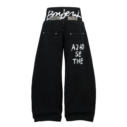 TALKLESSFASHION Trendy street letter graffiti patch leopard print fake two pieces of design scimitar wide-leg hip-hop jeans for men and women