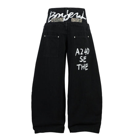 THETLSTUDIO Trendy street letter graffiti patch leopard print fake two pieces of design scimitar wide-leg hip-hop jeans for men and women