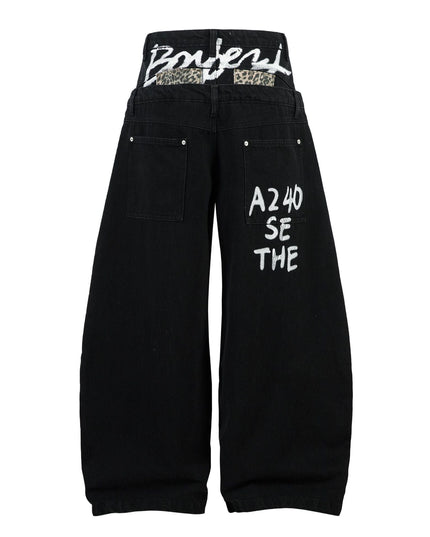 TALKLESSFASHION Trendy street letter graffiti patch leopard print fake two pieces of design scimitar wide-leg hip-hop jeans for men and women