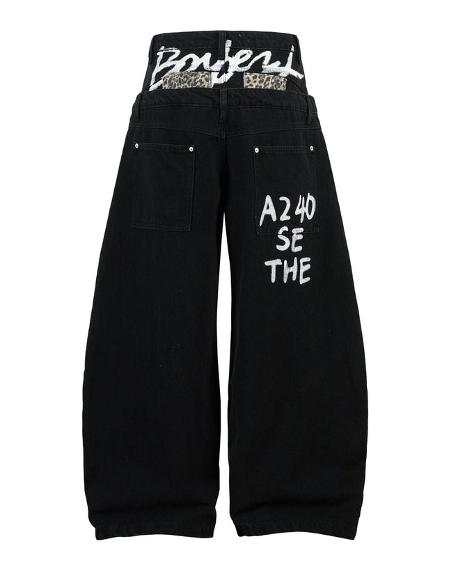 TALKLESSFASHION Trendy street letter graffiti patch leopard print fake two pieces of design scimitar wide-leg hip-hop jeans for men and women