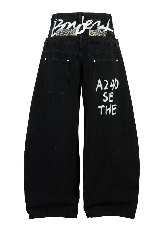 TALKLESSFASHION Trendy street letter graffiti patch leopard print fake two pieces of design scimitar wide-leg hip-hop jeans for men and women