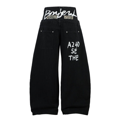 THETLSTUDIO Trendy street letter graffiti patch leopard print fake two pieces of design scimitar wide-leg hip-hop jeans for men and women