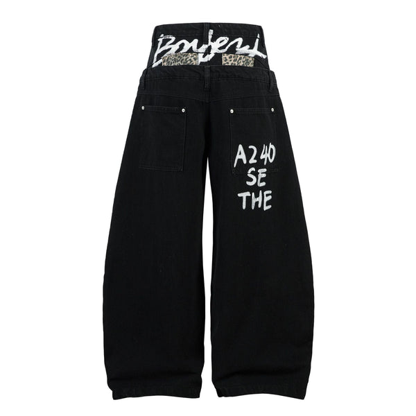 Leopard Patch Graffiti Wide Leg Jeans