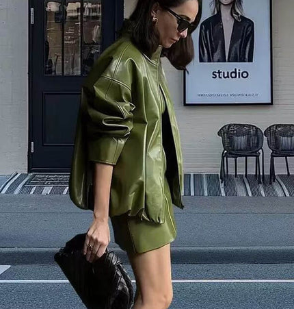 TALKLESSFASHION Vienna Love Letter American retro high-end atmosphere cool sassy PU leather jacket sexy slim bandeau skirt set