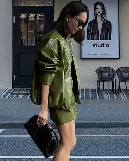 TALKLESSFASHION Vienna Love Letter American retro high-end atmosphere cool sassy PU leather jacket sexy slim bandeau skirt set