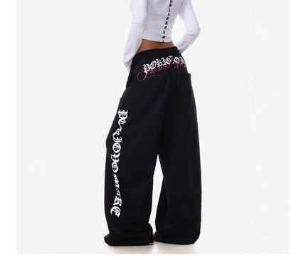 TALKLESSFASHION Vintage American Letter Print Scimitar Sweatpants Women's Trendy Sports Jazz Dance Street Loose Drape Wide-leg Pants