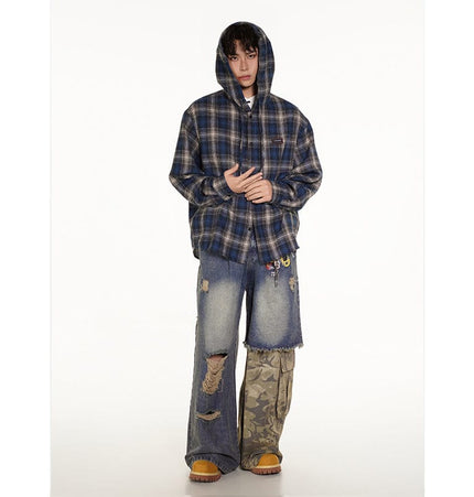 THETLSTUDIO Vintage Plaid Hooded Long-Sleeve Shirt