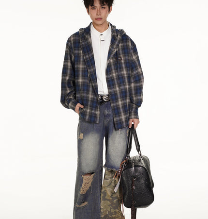 THETLSTUDIO Vintage Plaid Hooded Long-Sleeve Shirt