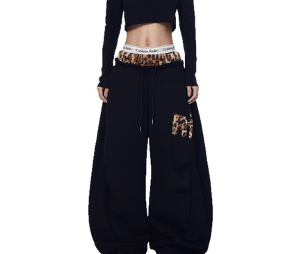 TALKLESSFASHION Vintage plush leopard print embroidered patch paneled wide-leg sweatpants women's loose casual hip hop jazz dance scimitar pants