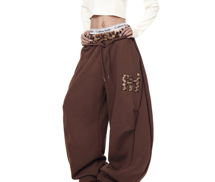 TALKLESSFASHION Vintage plush leopard print embroidered patch paneled wide-leg sweatpants women's loose casual hip hop jazz dance scimitar pants