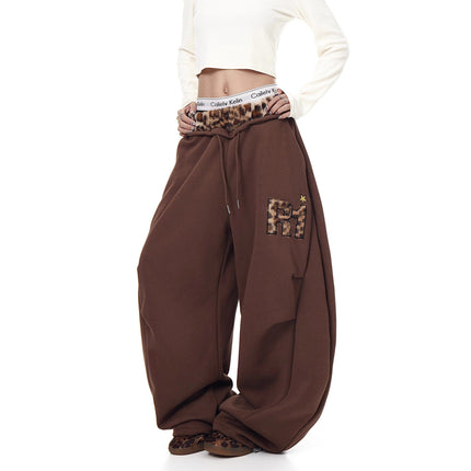 TALKLESSFASHION Vintage plush leopard print embroidered patch paneled wide-leg sweatpants women's loose casual hip hop jazz dance scimitar pants