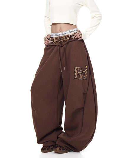 TALKLESSFASHION Vintage plush leopard print embroidered patch paneled wide-leg sweatpants women's loose casual hip hop jazz dance scimitar pants