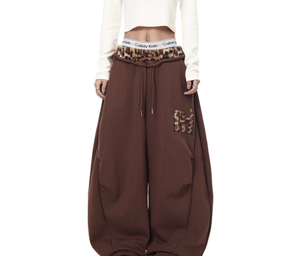 TALKLESSFASHION Vintage plush leopard print embroidered patch paneled wide-leg sweatpants women's loose casual hip hop jazz dance scimitar pants