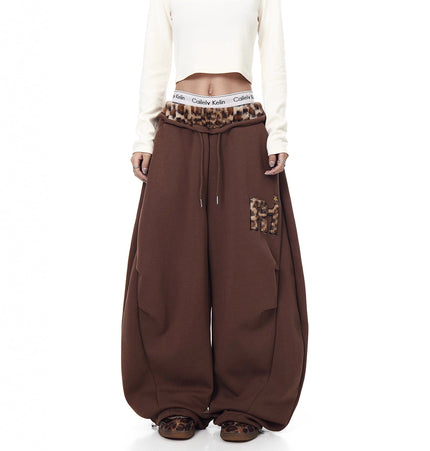 TALKLESSFASHION Vintage plush leopard print embroidered patch paneled wide-leg sweatpants women's loose casual hip hop jazz dance scimitar pants