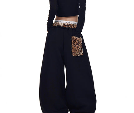 TALKLESSFASHION Vintage plush leopard print embroidered patch paneled wide-leg sweatpants women's loose casual hip hop jazz dance scimitar pants