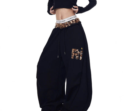 TALKLESSFASHION Vintage plush leopard print embroidered patch paneled wide-leg sweatpants women's loose casual hip hop jazz dance scimitar pants
