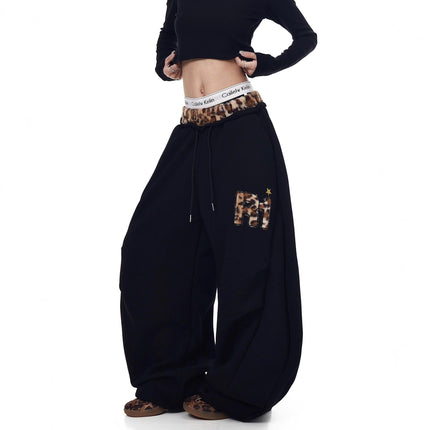 TALKLESSFASHION Vintage plush leopard print embroidered patch paneled wide-leg sweatpants women's loose casual hip hop jazz dance scimitar pants
