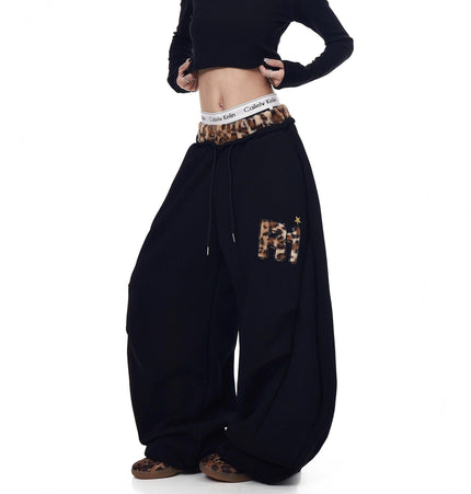TALKLESSFASHION Vintage plush leopard print embroidered patch paneled wide-leg sweatpants women's loose casual hip hop jazz dance scimitar pants