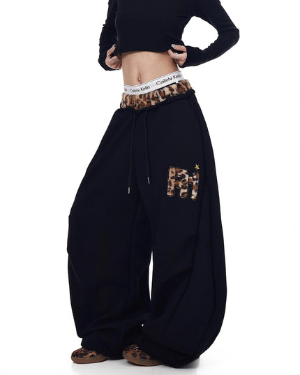 TALKLESSFASHION Vintage plush leopard print embroidered patch paneled wide-leg sweatpants women's loose casual hip hop jazz dance scimitar pants