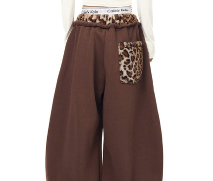 TALKLESSFASHION Vintage plush leopard print embroidered patch paneled wide-leg sweatpants women's loose casual hip hop jazz dance scimitar pants