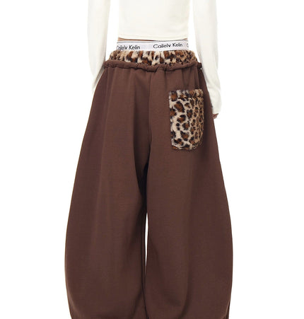 TALKLESSFASHION Vintage plush leopard print embroidered patch paneled wide-leg sweatpants women's loose casual hip hop jazz dance scimitar pants