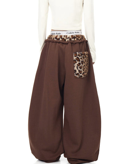 TALKLESSFASHION Vintage plush leopard print embroidered patch paneled wide-leg sweatpants women's loose casual hip hop jazz dance scimitar pants