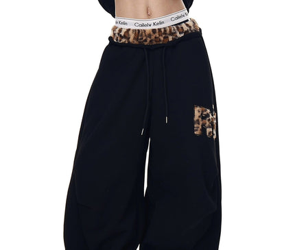TALKLESSFASHION Vintage plush leopard print embroidered patch paneled wide-leg sweatpants women's loose casual hip hop jazz dance scimitar pants
