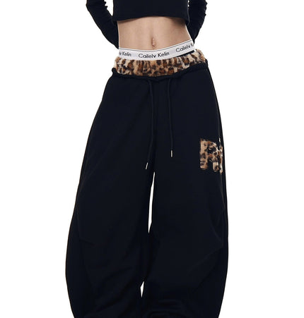 TALKLESSFASHION Vintage plush leopard print embroidered patch paneled wide-leg sweatpants women's loose casual hip hop jazz dance scimitar pants