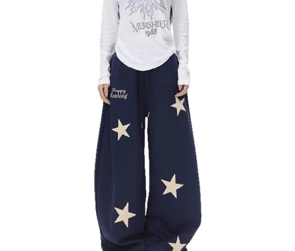 TALKLESSFASHION Vintage star embroidery patch sports street dance sweatpants for women loose and lazy wind slim wide-leg jazz dance scimitar pants