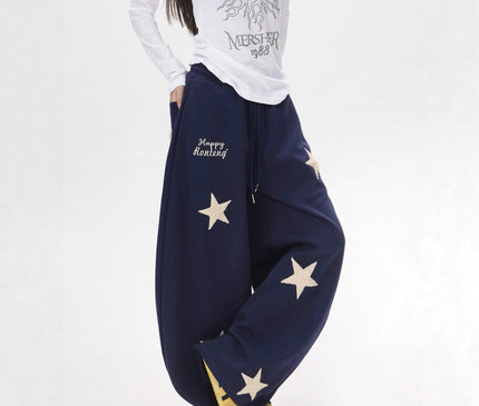 TALKLESSFASHION Vintage star embroidery patch sports street dance sweatpants for women loose and lazy wind slim wide-leg jazz dance scimitar pants
