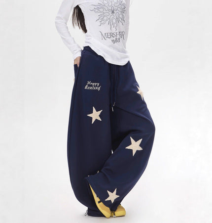 TALKLESSFASHION Vintage star embroidery patch sports street dance sweatpants for women loose and lazy wind slim wide-leg jazz dance scimitar pants