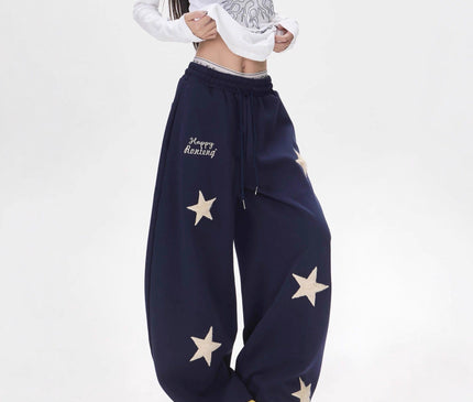 TALKLESSFASHION Vintage star embroidery patch sports street dance sweatpants for women loose and lazy wind slim wide-leg jazz dance scimitar pants