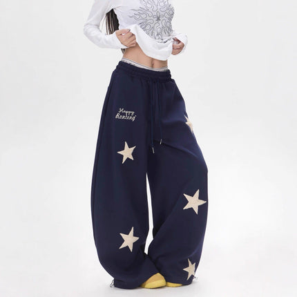 TALKLESSFASHION Vintage star embroidery patch sports street dance sweatpants for women loose and lazy wind slim wide-leg jazz dance scimitar pants