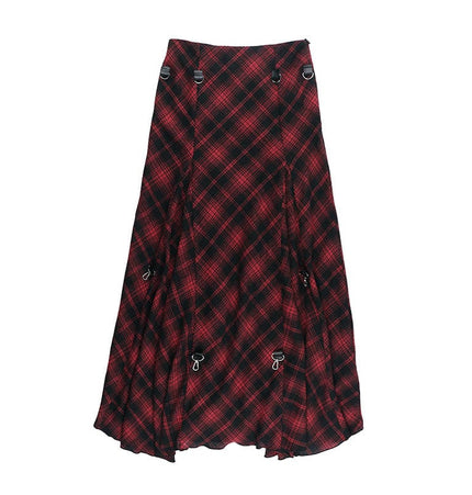 THETLSTUDIO VOstudio 2025 spring summer new retro red and black plaid irregular skirt can be adjusted to wear more midi skirts