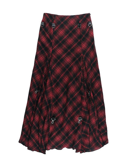 TALKLESSFASHION VOstudio 2025 spring summer new retro red and black plaid irregular skirt can be adjusted to wear more midi skirts