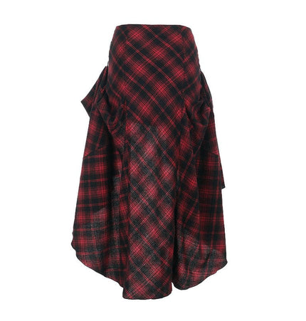 THETLSTUDIO VOstudio 2025 spring summer new retro red and black plaid irregular skirt can be adjusted to wear more midi skirts