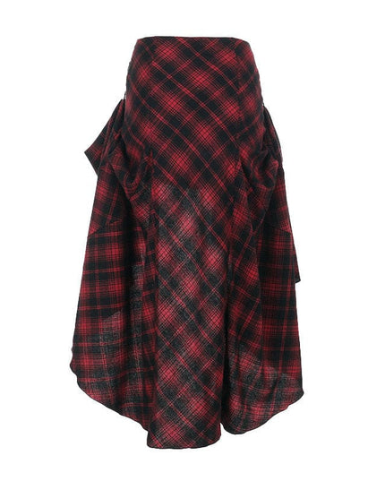 TALKLESSFASHION VOstudio 2025 spring summer new retro red and black plaid irregular skirt can be adjusted to wear more midi skirts