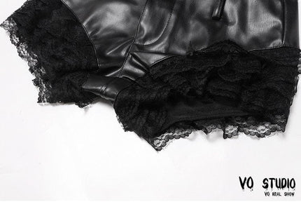 TALKLESSFASHION VOstudio 2025 Summer New Cool Sexy Lace Stitched PU Leather Ultra Shorts Hot Girl Low-Waisted Hot Pants Girl