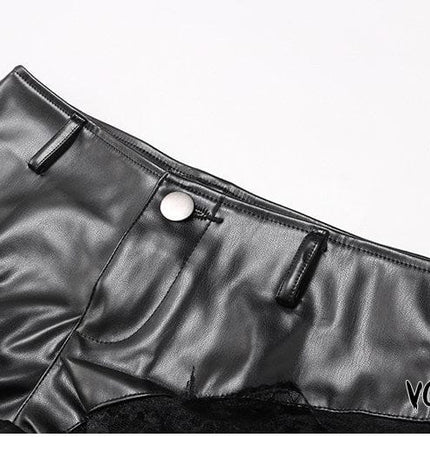 TALKLESSFASHION VOstudio 2025 Summer New Cool Sexy Lace Stitched PU Leather Ultra Shorts Hot Girl Low-Waisted Hot Pants Girl