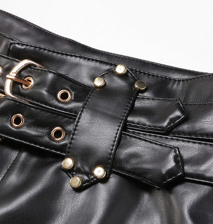 TALKLESSFASHION VOstudio biker babes sexy low rise PU leather double belt shorts slim fit skinny punk hot pants female summer