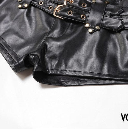 TALKLESSFASHION VOstudio biker babes sexy low rise PU leather double belt shorts slim fit skinny punk hot pants female summer