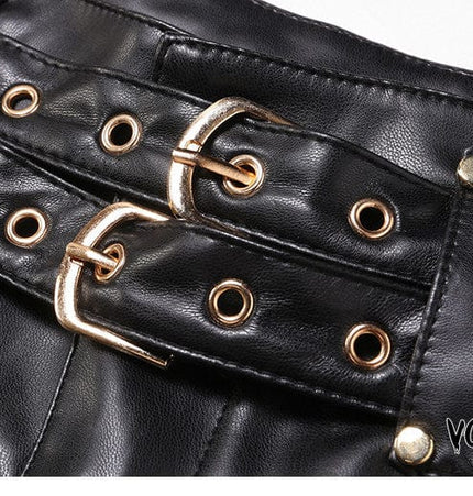 TALKLESSFASHION VOstudio biker babes sexy low rise PU leather double belt shorts slim fit skinny punk hot pants female summer