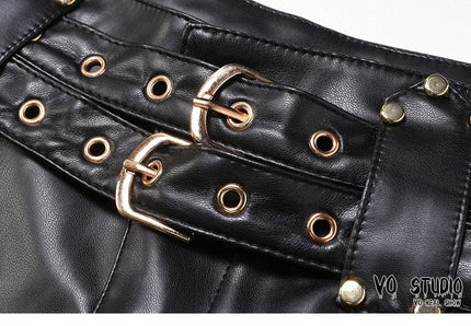 TALKLESSFASHION VOstudio biker babes sexy low rise PU leather double belt shorts slim fit skinny punk hot pants female summer