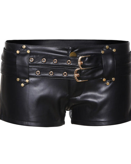TALKLESSFASHION VOstudio biker babes sexy low rise PU leather double belt shorts slim fit skinny punk hot pants female summer
