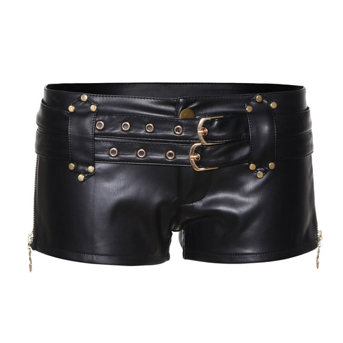 THETLSTUDIO VOstudio biker babes sexy low rise PU leather double belt shorts slim fit skinny punk hot pants female summer