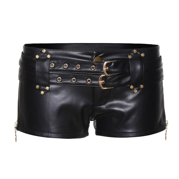 Double Belt Biker Low-Rise Leather Shorts
