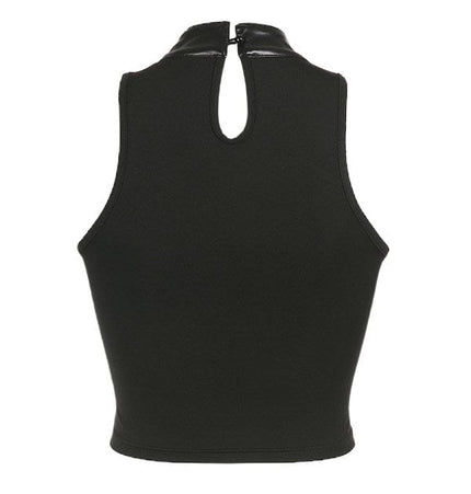 TALKLESSFASHION VOstudio cool hot girl biker style turtleneck vest functional lace-up design PU leather sleeveless top for women