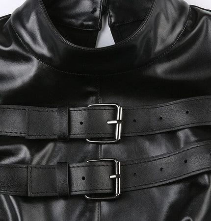 TALKLESSFASHION VOstudio cool hot girl biker style turtleneck vest functional lace-up design PU leather sleeveless top for women
