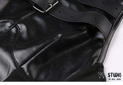 TALKLESSFASHION VOstudio cool hot girl biker style turtleneck vest functional lace-up design PU leather sleeveless top for women