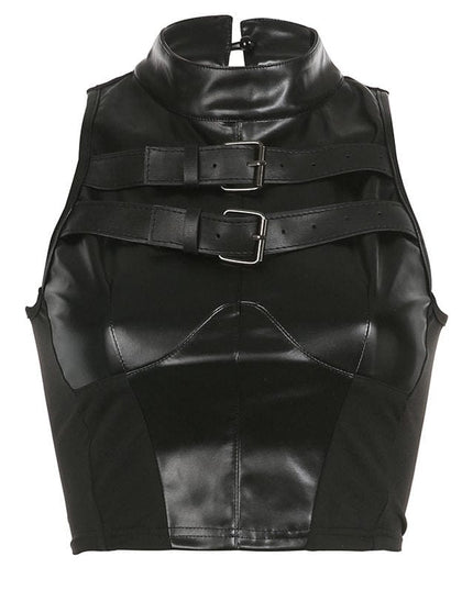 TALKLESSFASHION VOstudio cool hot girl biker style turtleneck vest functional lace-up design PU leather sleeveless top for women